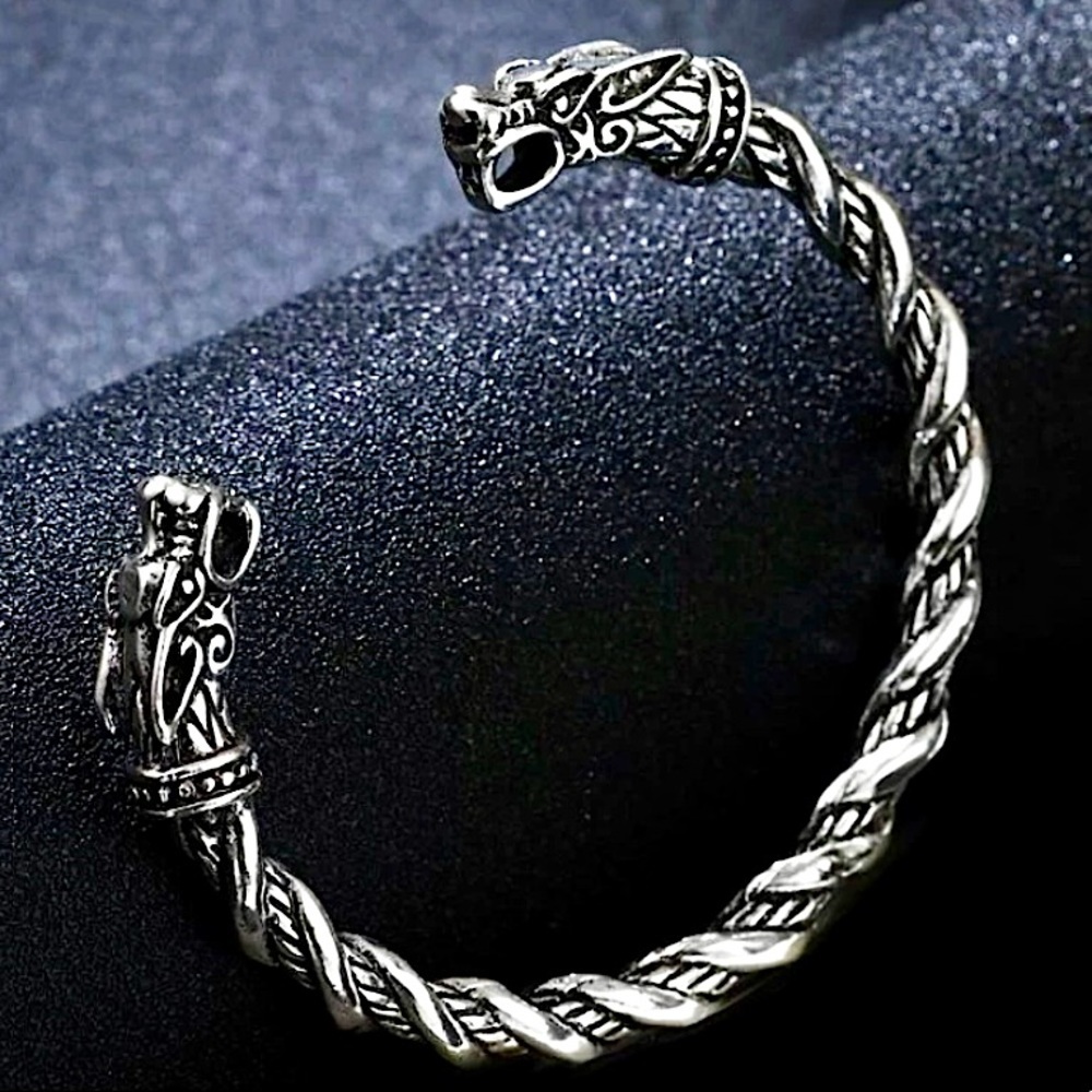 SILVER VIKING WOLF BRACELET SILVER ARM BAND CUFF BANGLE - Picture 5 of 9